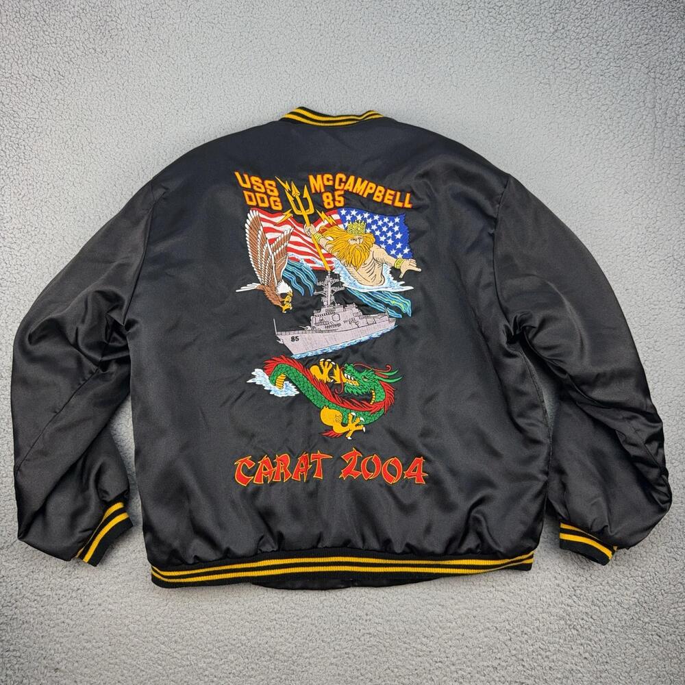 Vintage USS McCampbell DDG 85 Jacket Mens XL Black Satin Bomber Navy CARAT 2004